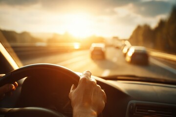 A person drives a car on a highway as the sun sets, casting a warm glow over the scene