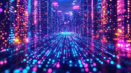 Obraz premium A vibrant, futuristic cityscape depicted with glowing particles forming towering structures and a radiant pathway