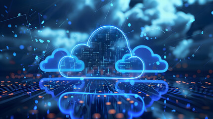 Glowing blue cloud computing network with digital circuit board and abstract data connections shown