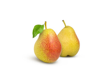 Ripe pears with green leaf isolated on white background. Red und yellow pear.