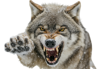 Fierce wolf growling in a snowy environment, showcasing its powerful jaws and piercing eyes.