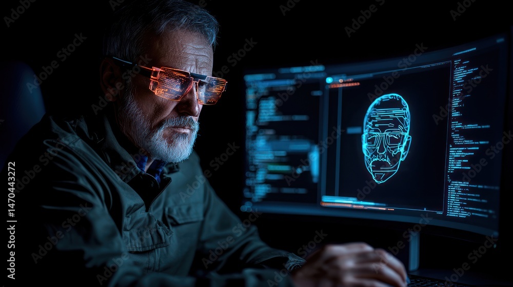 Poster a mature man using technology for biometric data analysis