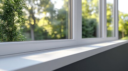A white PVC window profile showcases clean lines and exposed internals highlighting double glazing in a natural setting
