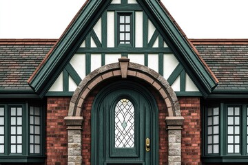 Obraz premium A Tudor-style house facade features a unique arched door, brick walls, white plaster and decorative dark-green wooden beams.