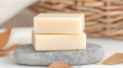 Stacked Creamy Beige Bar Soap on Gray Stone and Dried Leaves