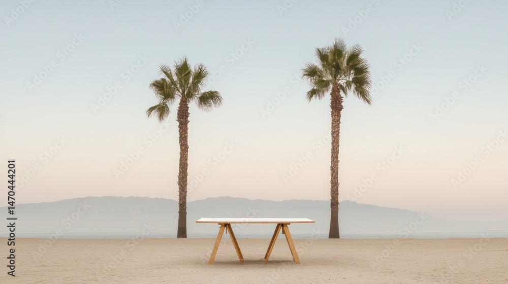 Poster two tall palm trees flank a table on a sandy beach