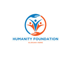 Humanity foundation logo vector template with hands symbolizing care and support for people