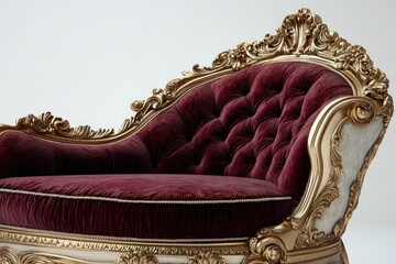 Ornate chaise lounge with burgundy velvet upholstery and gold-leaf carvings, exuding luxury and elegance.
