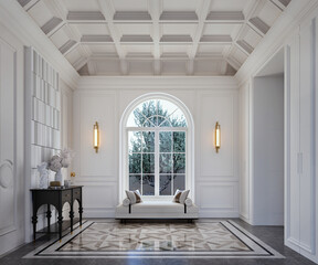 Foyer of white modern classic house interior with white bench. 3d rendering