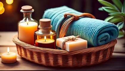 Ein kleiner Wellnesskorb mit Seifen, Handtüchern, Ölen und Kerzen – perfekte Geschenkidee für ruhige Momente.