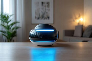 A futuristic VR headset rests on a wooden table in a modern living room, glowing softly.