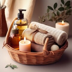 Ein kleiner Wellnesskorb mit Seifen, Handtüchern, Ölen und Kerzen – perfekte Geschenkidee für ruhige Momente.