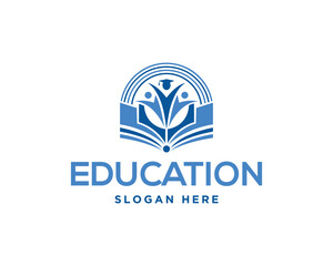 Education logo vector template with graduation cap and open book design for learning and growth