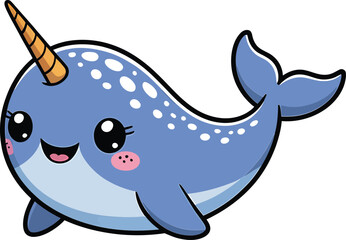 Fototapeta premium Cute cartoon narwhal character with smiling face in a happy and adorable pose