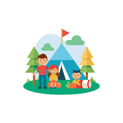 Fototapeta premium Family Camping with Flag
