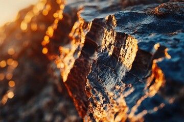 Golden sunlight illuminates the rugged texture of a dark rock face, showcasing its intricate details.
