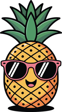Cute cartoon pineapple wearing sunglasses smiling and ready for summer vacation or fun