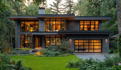 Modern house nestled in lush greenery.  Exterior features include dark gray brick, large windows, and a contemporary design.  Evening light illuminates the home's spacious layout