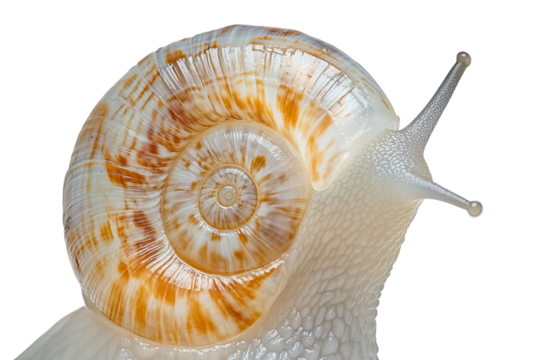 Close-up of a vibrant snail with a detailed shell on a white background.