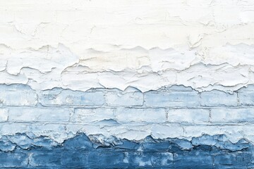 A textured ombre brick wall with peeling paint in shades of white and blue.