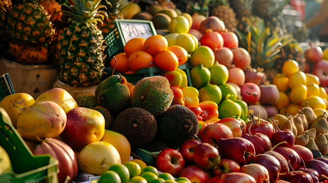 A vibrant display of assorted fruits at a market stall with pineapples and citrus fruits galore