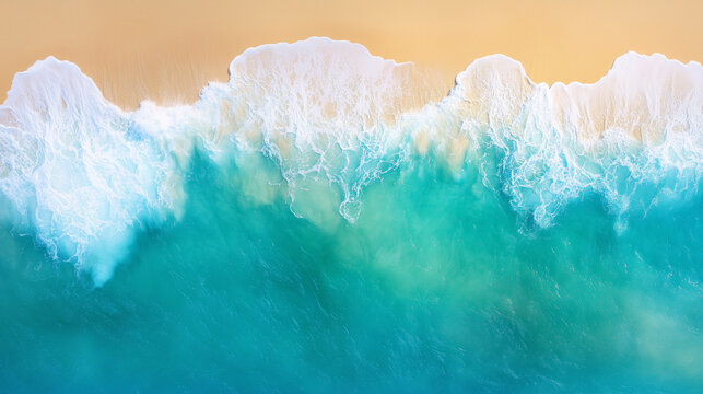 high angle and aerial view of clean ocean waves breaking on dark brown sand beach with turquoise emerald coloured water. Aqua life travel and adventure concept
Keywords: