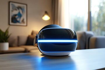 A modern VR headset rests on a wooden table in a living room, illuminated by a soft blue light.