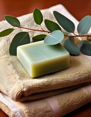 Seifenst&uuml;ck auf einem gefalteten Handtuch mit Eukalyptuszweig &ndash; nat&uuml;rliche Wellness-Stimmung im Detail.