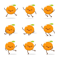 Cute Smiling Orange Character. Kawaii Orange Fruit Mascot Style Vector. Cute vector character set in various action emotions. Collection symbols isolated on a white background