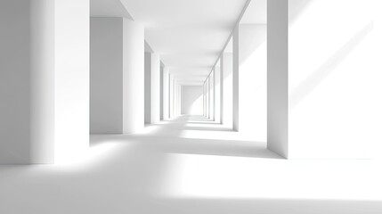 Empty, white architectural hallway perspective view.
