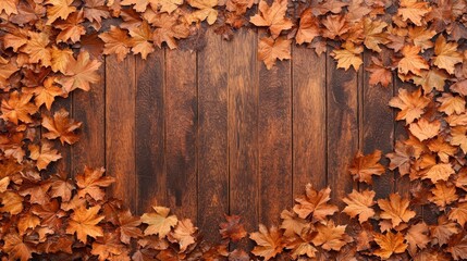 wooden background with autumn maple leaves illustration , no logos, no brands