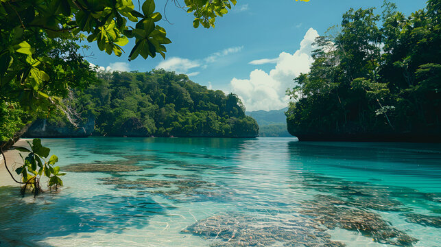A scenic view of a tropical beach with clear turquoise water and lush green vegetation islands on the horizon
