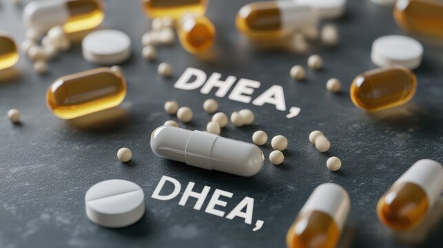 Capsules placed beside the text "DHEA," representing supplements or hormone-related health focus