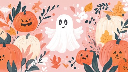 Fototapeta premium Whimsical halloween ghost surrounded by autumn pumpkins and fall leaves