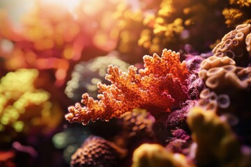 A vibrant macro photo of bright orange and beige coral formations in an underwater reef setting with sunlight.