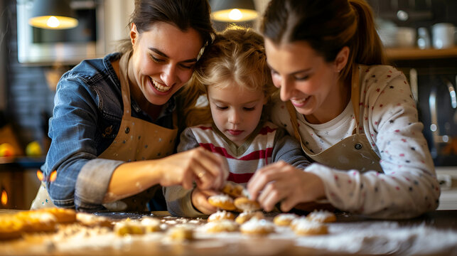 Two women and a child decorating cookies with powdered sugar in a kitchen setting together happily