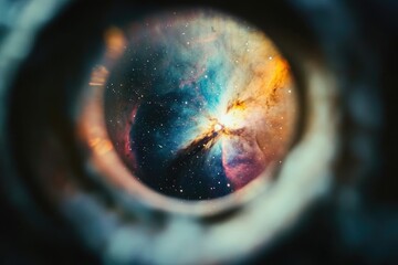 A mesmerizing view through a lens, showcasing a vibrant nebula with swirling colors and scattered stars.