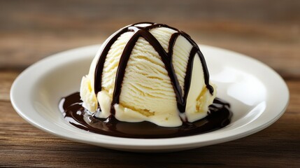 Single scoop of vanilla ice cream drizzled with chocolate sauce on a white plate, rustic wooden background