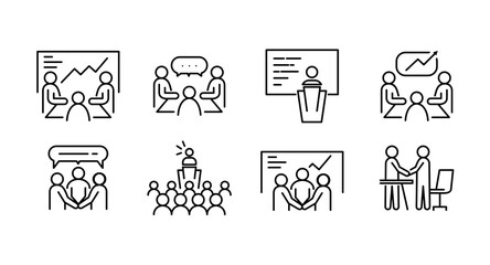 Business Teamwork Line Icons. Meeting, Presentation, Collaboration, Discussion, Brainstorming, Corporate Communication Vector Set