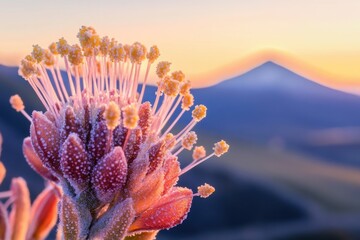 Frost-covered flower blossoms at sunrise, showcasing intricate details against a mountain backdrop.