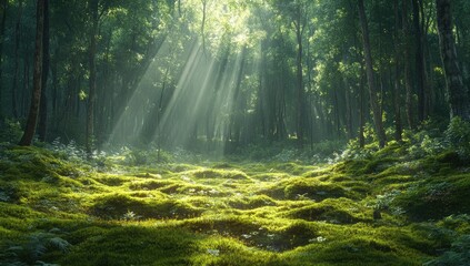 Obraz premium Sunlight streams through a lush forest, illuminating a mossy floor. Sunlight, rays, forest, green, mossy, trees, nature, dense, light, bright