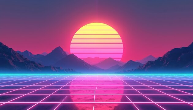 Synthwave retro cyberpunk style landscape. Neon pink, purple, blue colors. Futuristic sunset over mountains, digital grid floor creating retro atmosphere. Ideal for music album covers, games, - Powered by Adobe