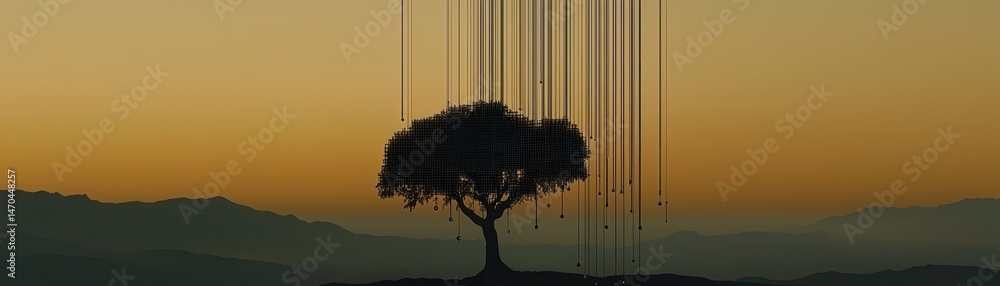 Aufkleber a solitary tree with pixelated canopy and falling lines