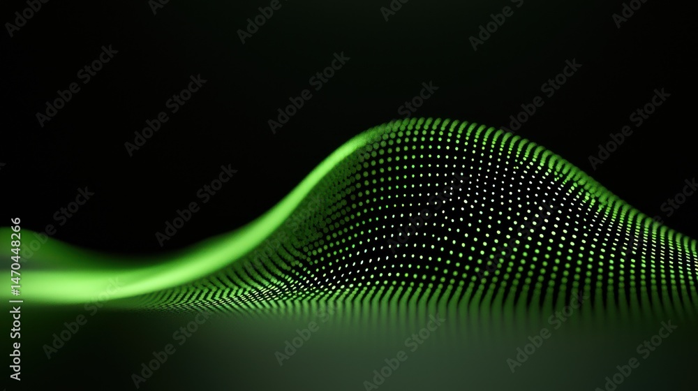 Poster Green wavy pattern with points on a dark black background appears