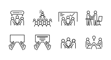 Business Teamwork Line Icons. Meeting, Presentation, Collaboration, Discussion, Brainstorming, Corporate Communication Vector Set