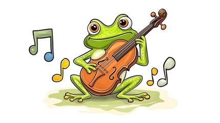 Obraz premium Cartoon frog playing violin with musical notes