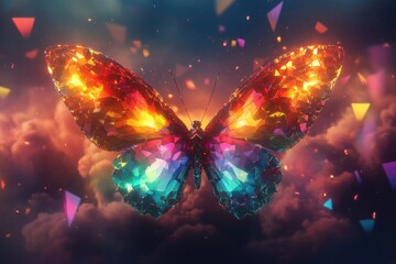 A vibrant, crystal-like butterfly with iridescent wings soars through a dreamy, colorful sky.