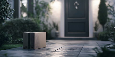 Cardboard package delivery box left on doorstep of residential home symbolizing online shopping e-commerce shipping