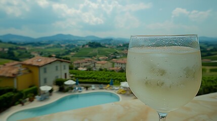 Obraz premium Refreshing drink overlooking vineyards and a pool