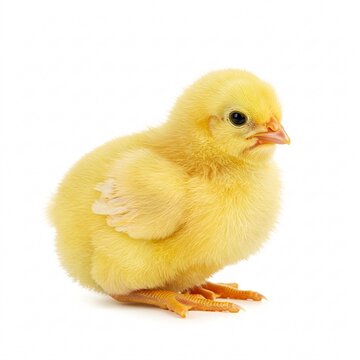 Small fluffy yellow chick with tiny orange feet, looking to the side, isolated on a white